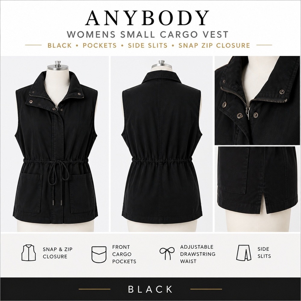 AnyBody Womens Black Cargo Vest‎ A646222 Utility Drawstring Waist Small New